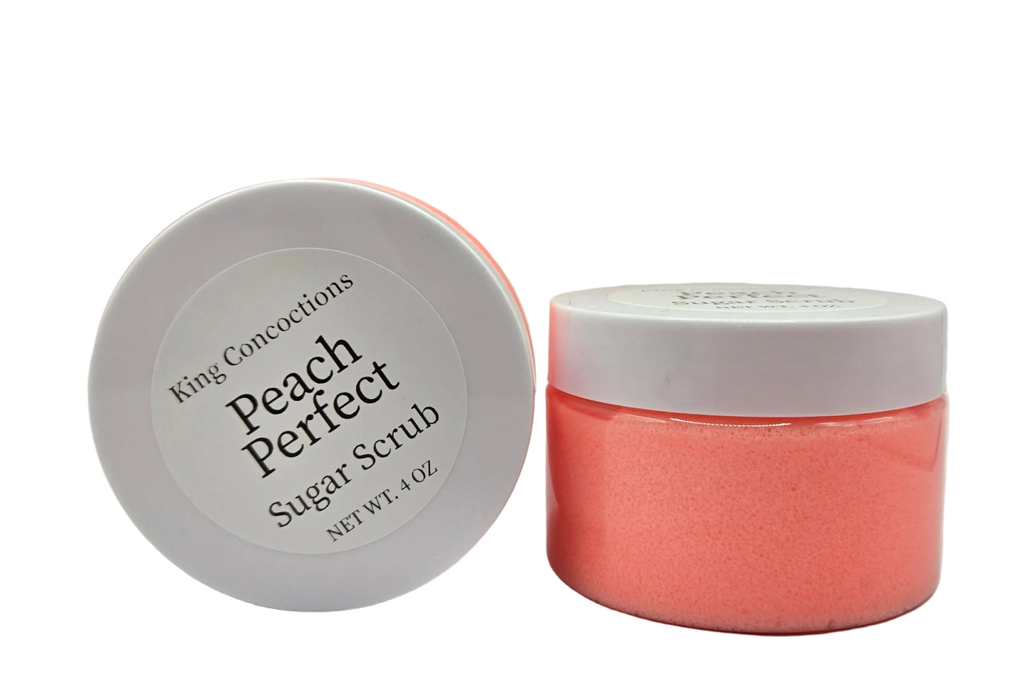 Peach Perfect sugar scrub container with lid.